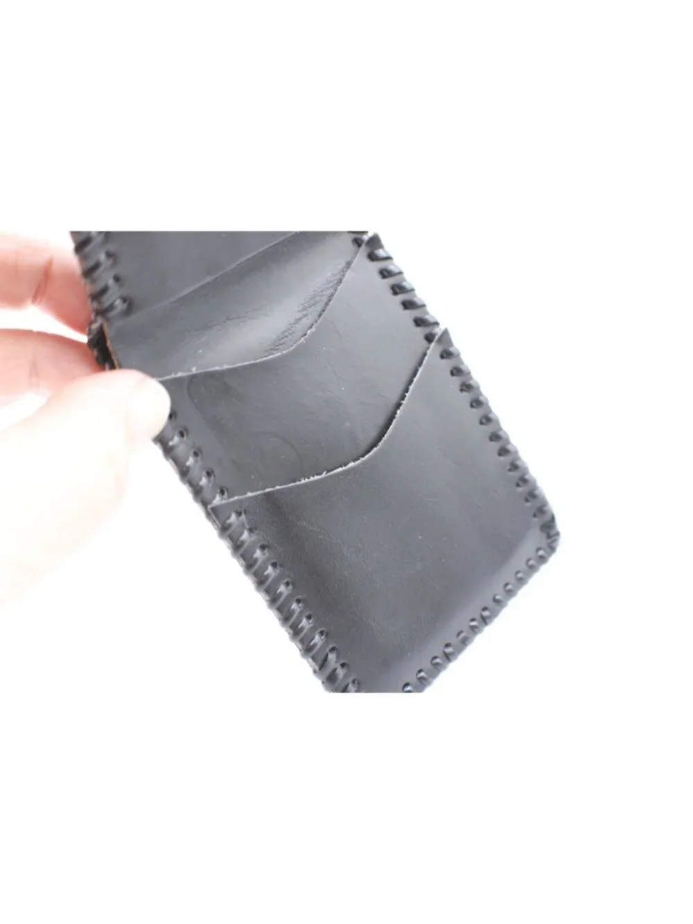 Large Stitched Border Black Leather Bi-Fold Wallet ID Window Card Slots Vintage